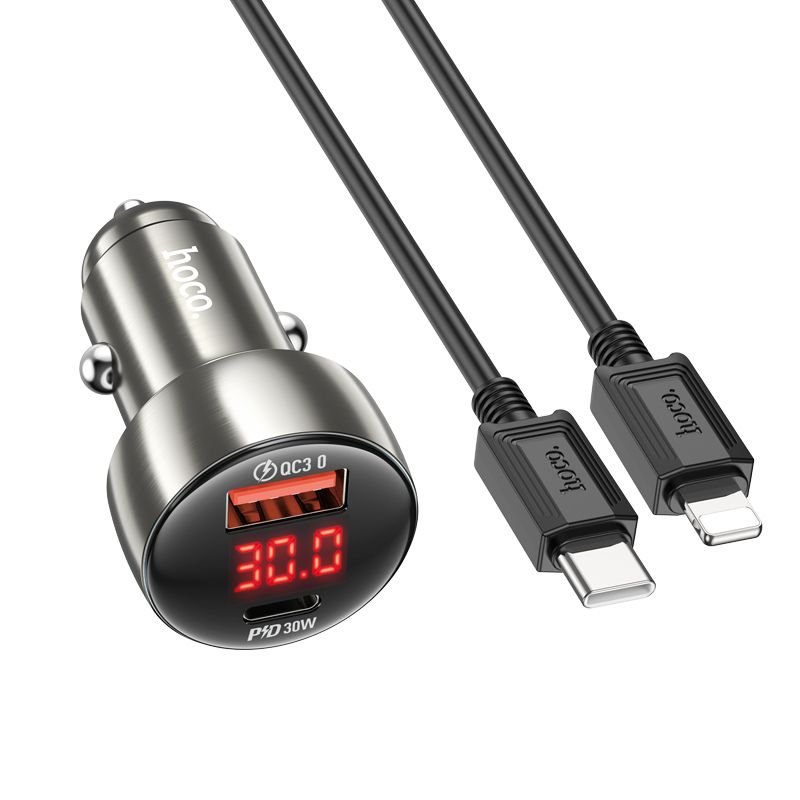 HOCO ładowarka samochodowa USB QC 3.0 + Typ C + kabel Typ C do Apple Lightning 8-pin PD 48W Leader Z50 metal szary