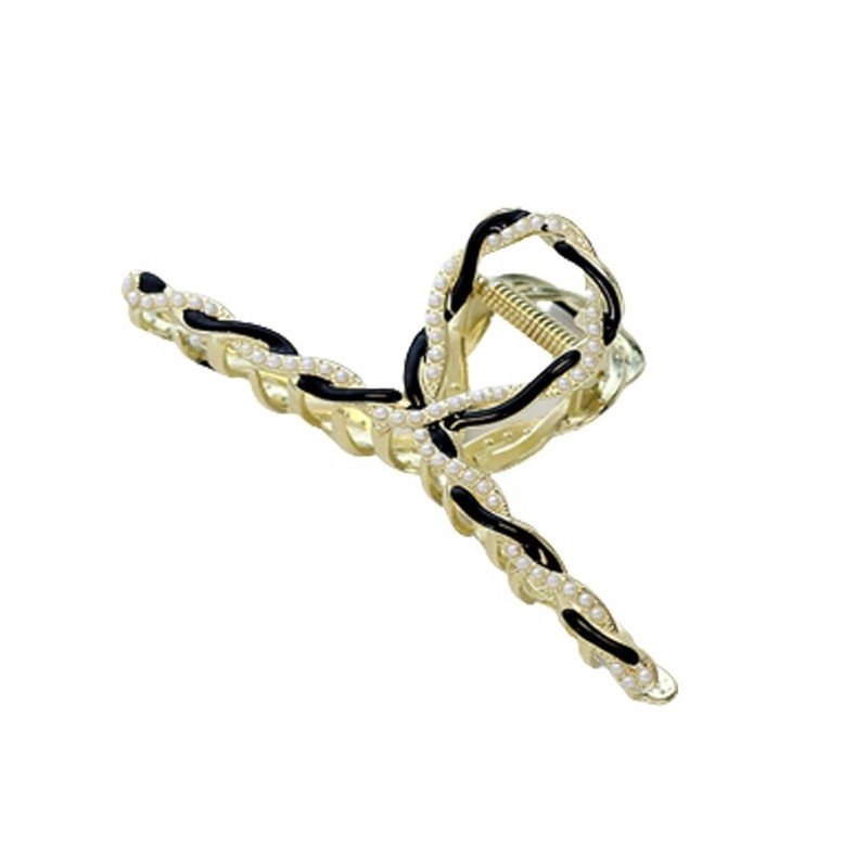 Spinka Do Włosów Klamra Xl Złota Metalowa Z Czernią I Perełkami 11Cm Sp233