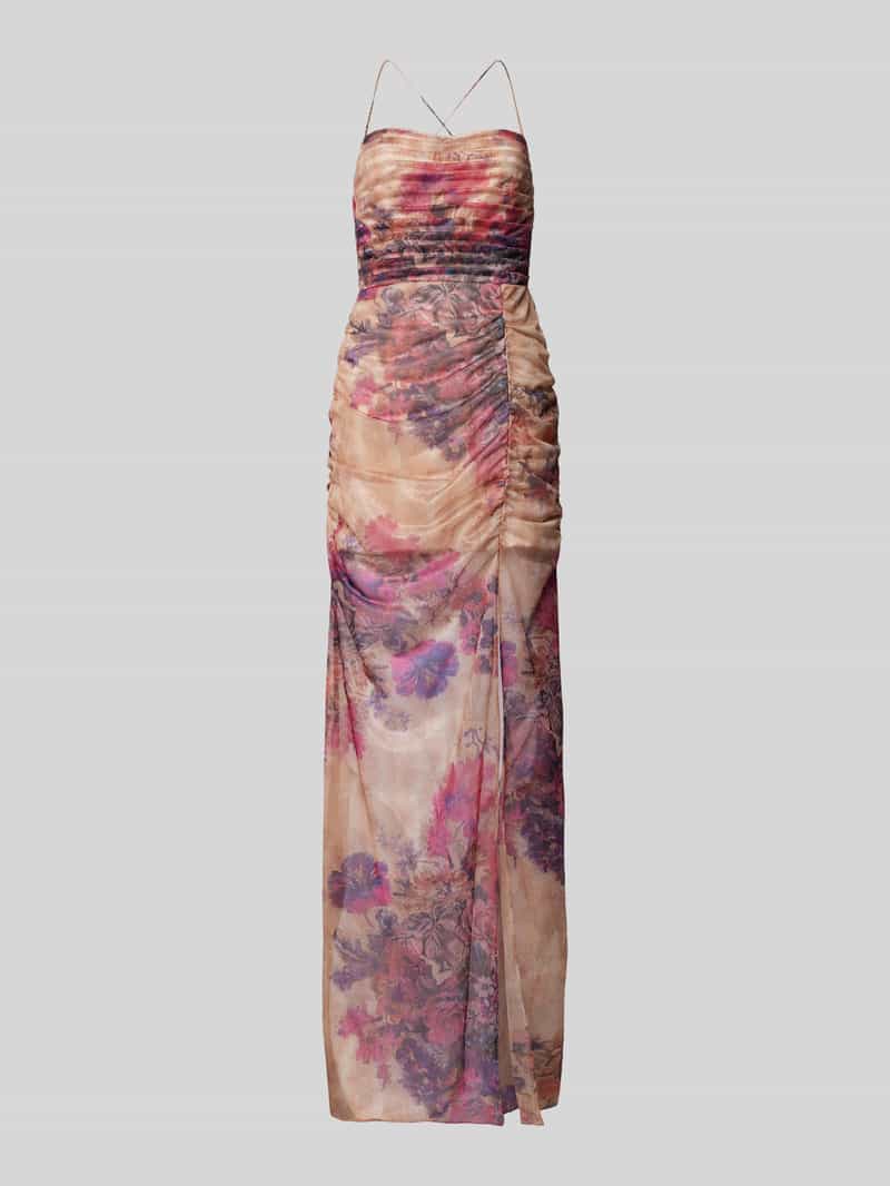 Sukienka wieczorowa z marszczeniami w kwiatowym wzorem