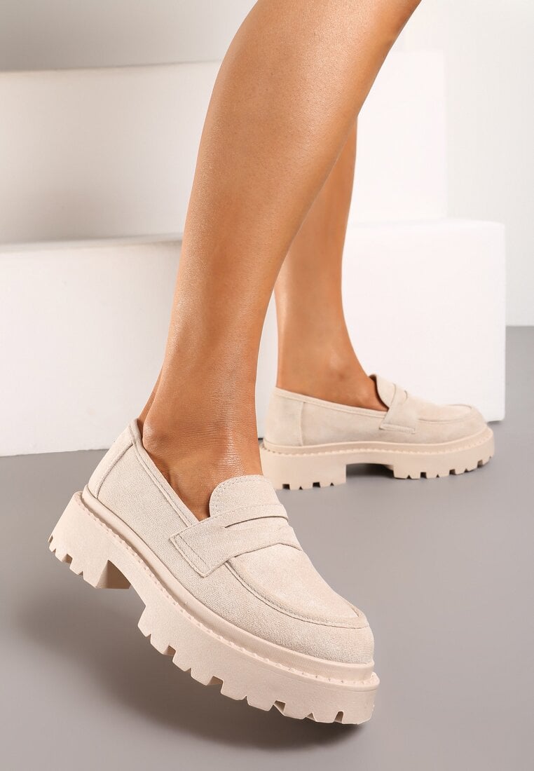 Beżowe Wsuwane Mokasyny na Płaskiej Grubej Podeszwie z Wkładką z Ekoskóry Dionela