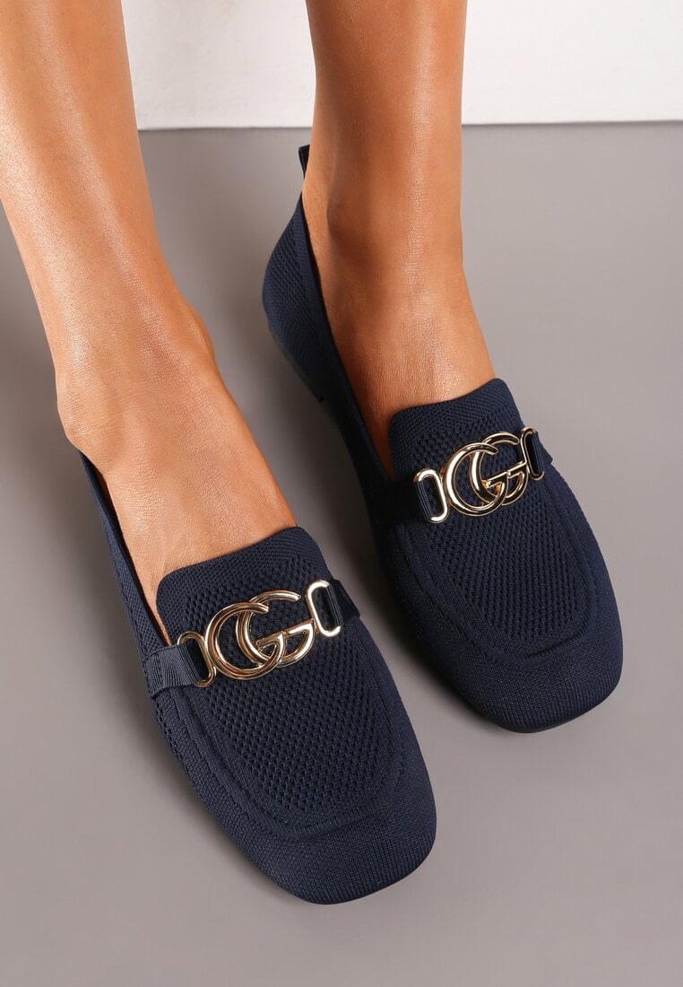 Granatowe Mokasyny Wsuwane ze Ściętym Noskiem i Metaliczną Klamerką Kanela