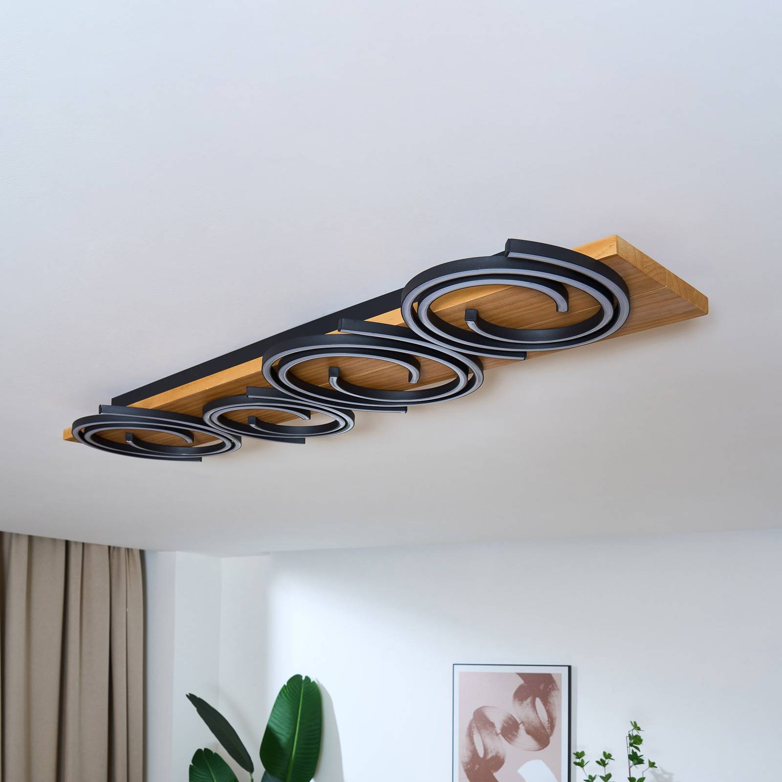 Eco-Light Lampa sufitowa LED Rifia, brązowa, długość 115 cm, 4-punktowa, drewno
