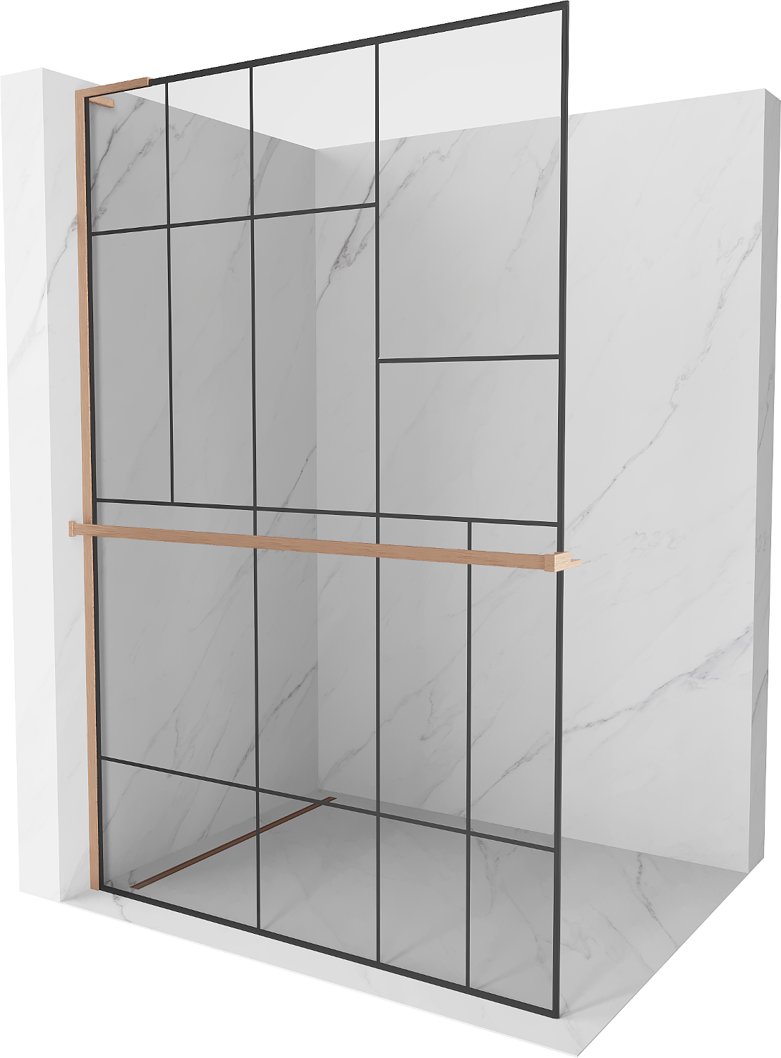 Mexen Kioto+ L ścianka prysznicowa z półką Walk-in 80 x 200 cm, czarny wzór, miedź szczotkowana - 800-080-123-65-78
