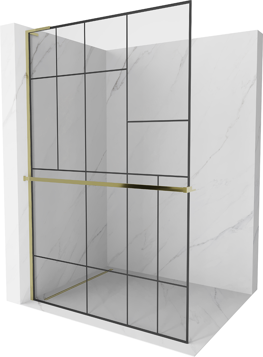 Mexen Kioto+ L ścianka prysznicowa z półką Walk-in 120 x 200 cm, czarny wzór, złota - 800-120-123-50-78