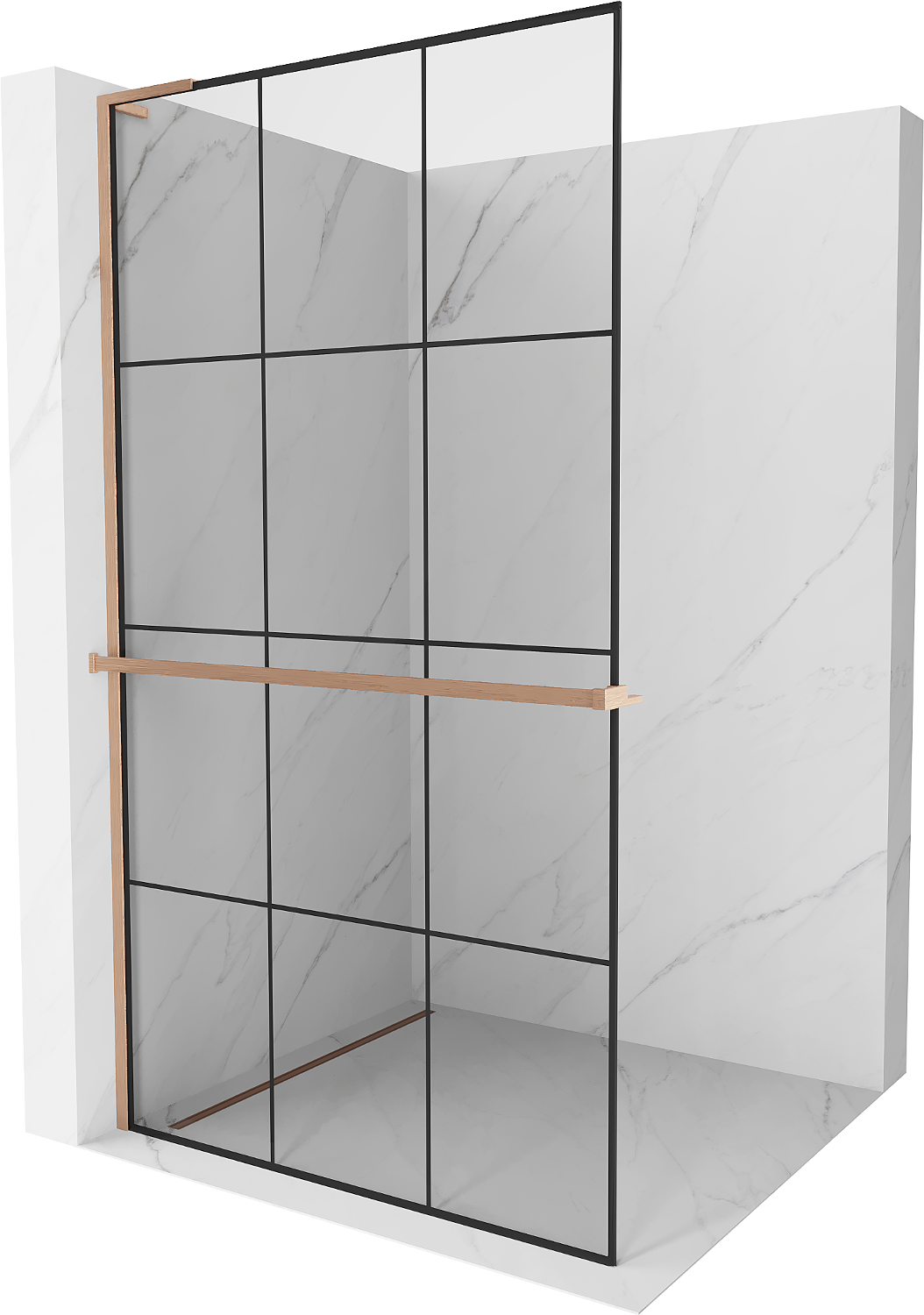 Mexen Kioto+ L ścianka prysznicowa z półką Walk-in 100 x 200 cm, czarny wzór, miedź szczotkowana - 800-100-123-65-77