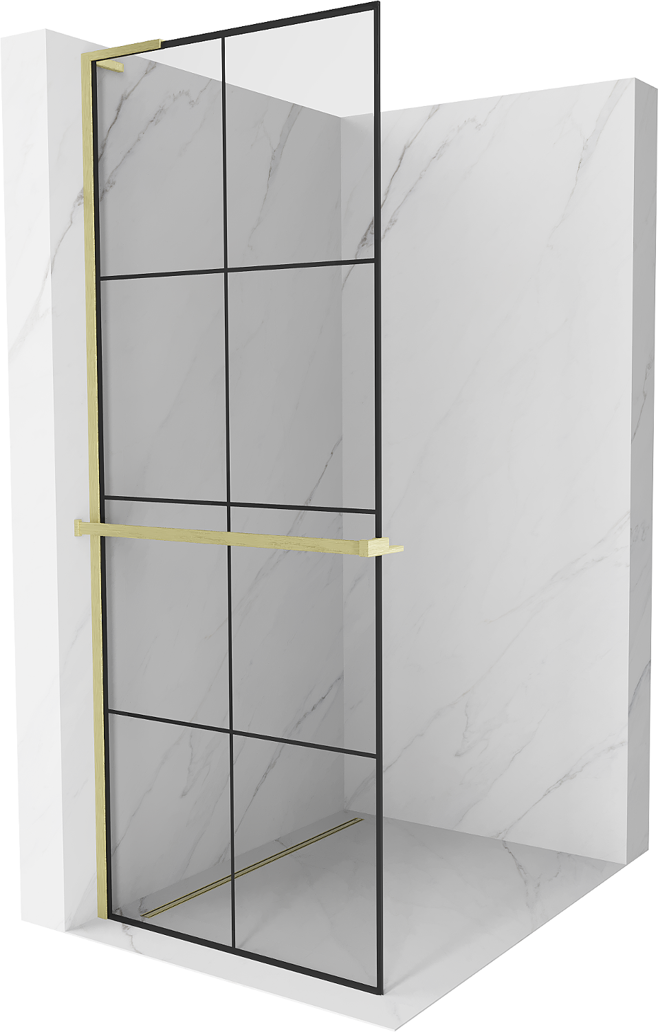 Mexen Kioto+ L ścianka prysznicowa z półką Walk-in 70 x 200 cm, czarny wzór, złota szczotkowana - 800-070-123-55-77