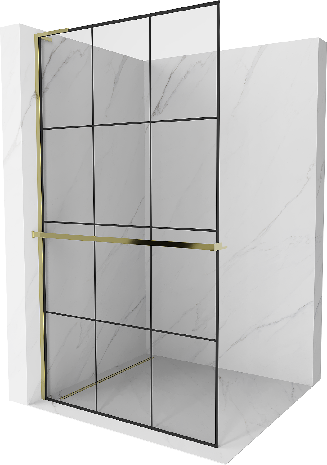 Mexen Kioto+ L ścianka prysznicowa z półką Walk-in 100 x 200 cm, czarny wzór, złota - 800-100-123-50-77