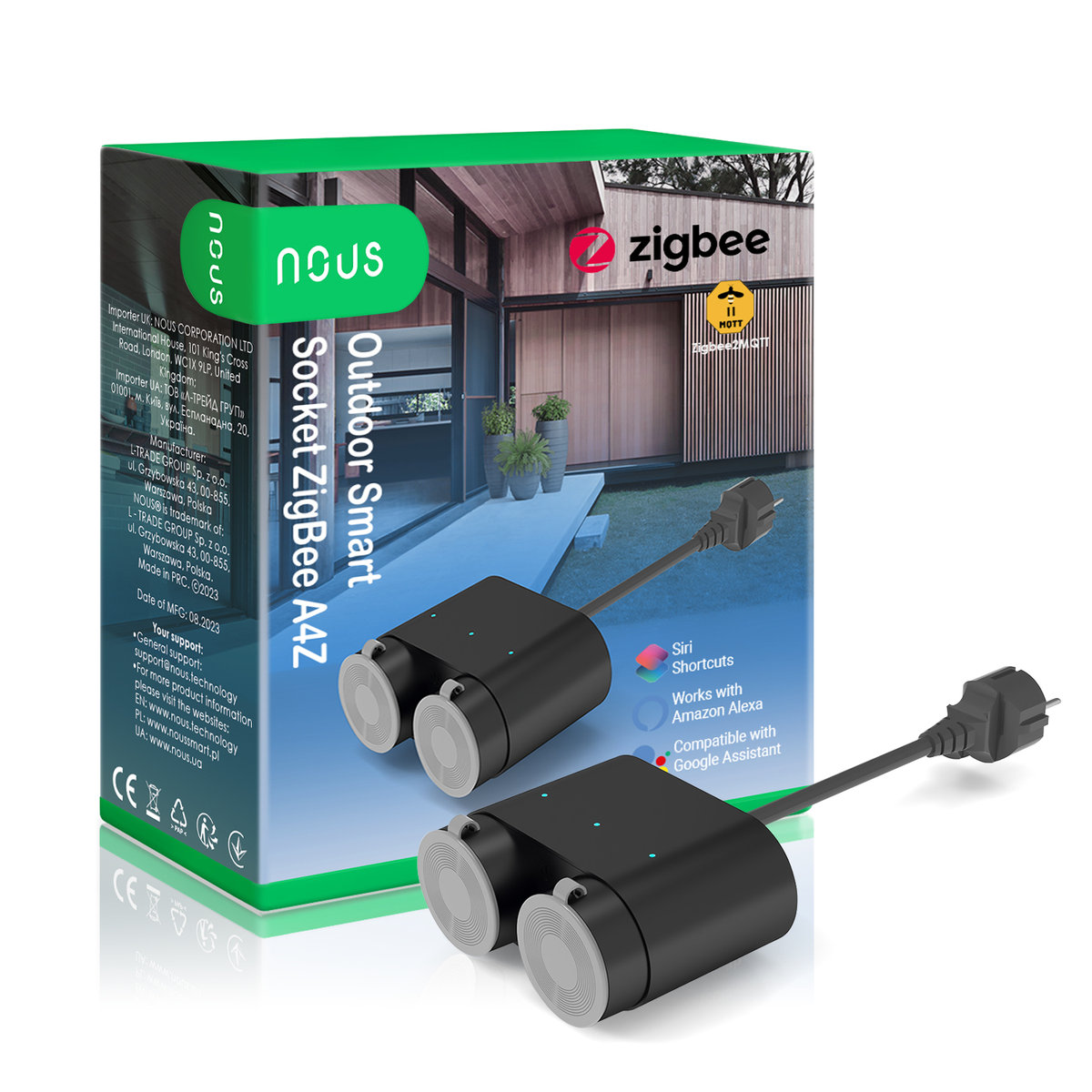 Outdoor Plug Zewnętrzne inteligentne podwójne gniazdo Zigbee 3.0 NOUS A4Z TUYA energy meter 3680W 16A