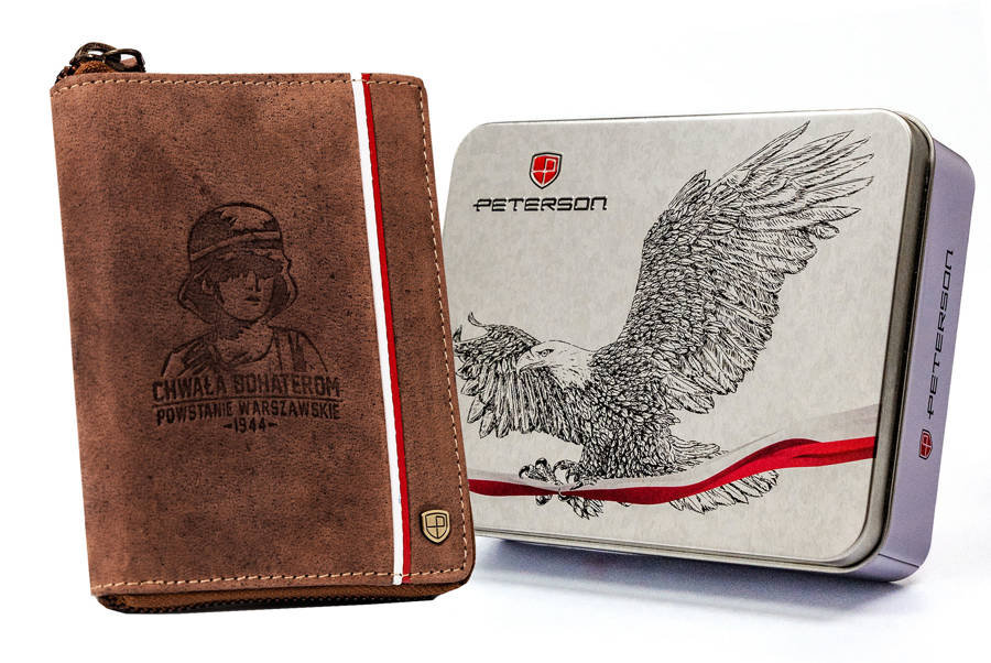 Pojemny portfel na suwak męski patriotyczny powstanie flaga Polski skóra naturalna Peterson, brązowy