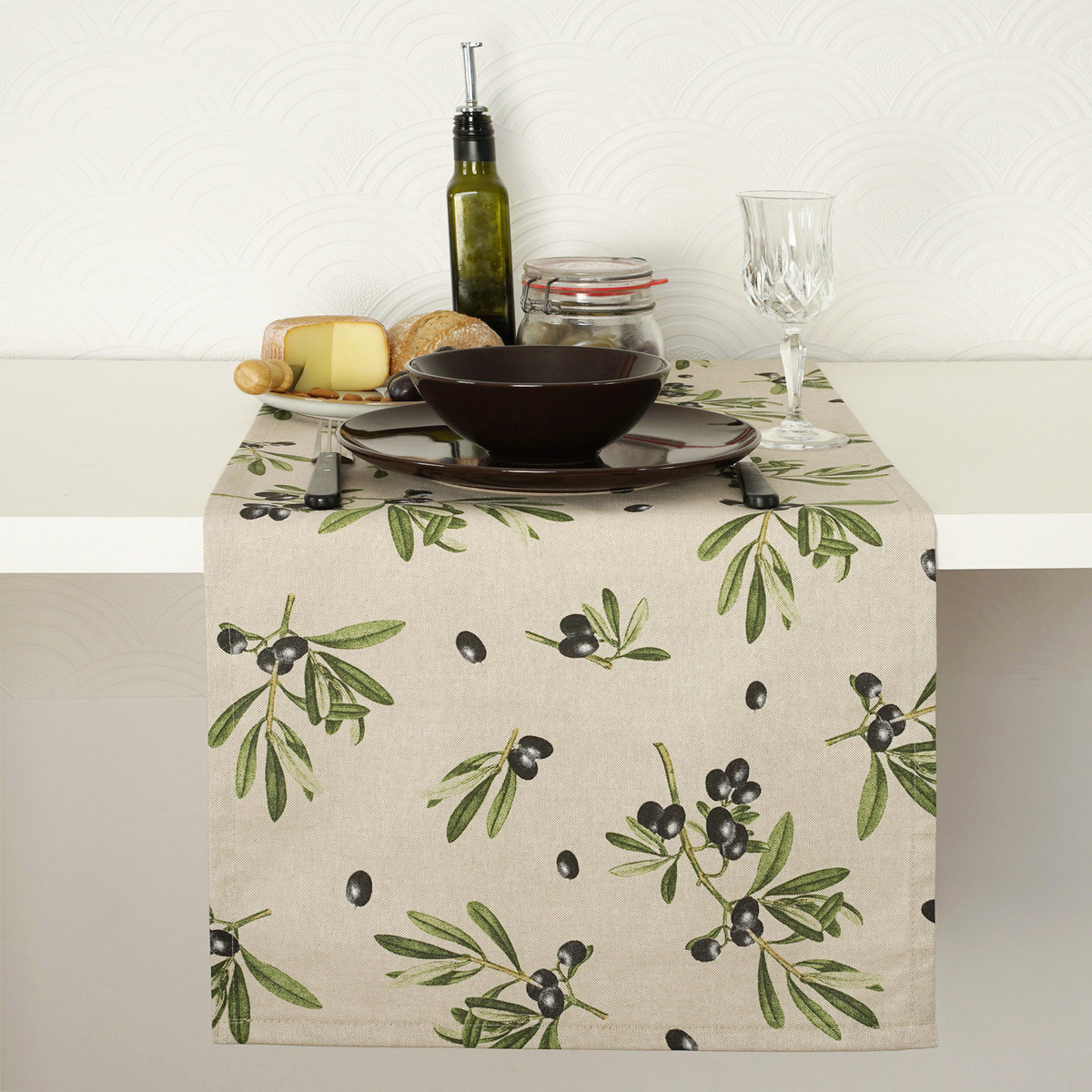 Bieżnik bawełniany 280cm OLIWKI CZARNE lniany look Poldesign
