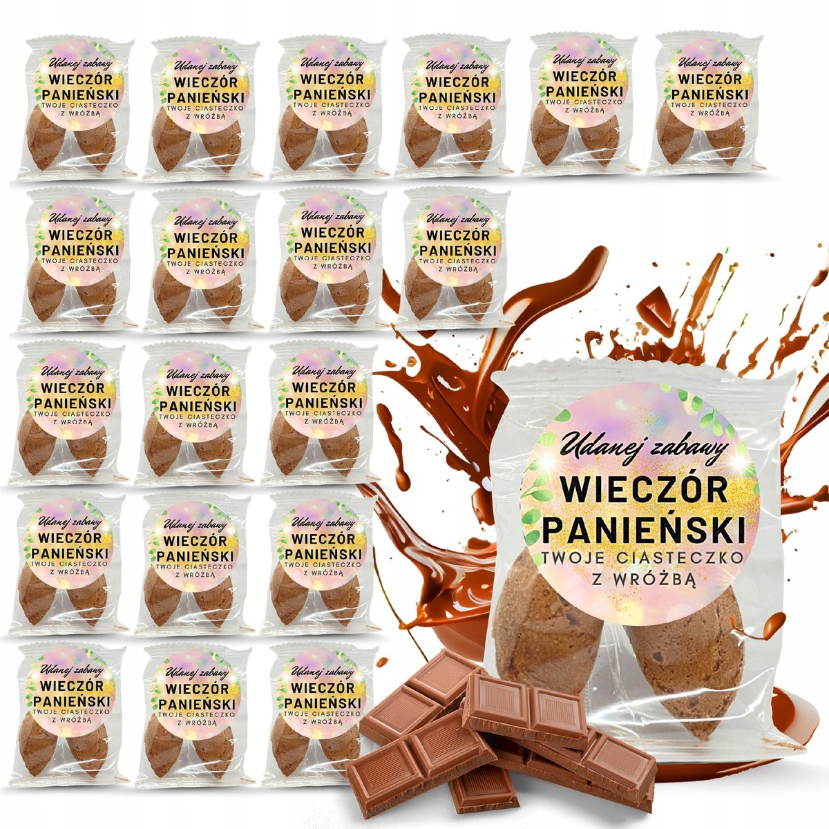 Ciasteczko z wróżbą z naklejką okrągłą Wieczór Panieński 20szt czekoladowe