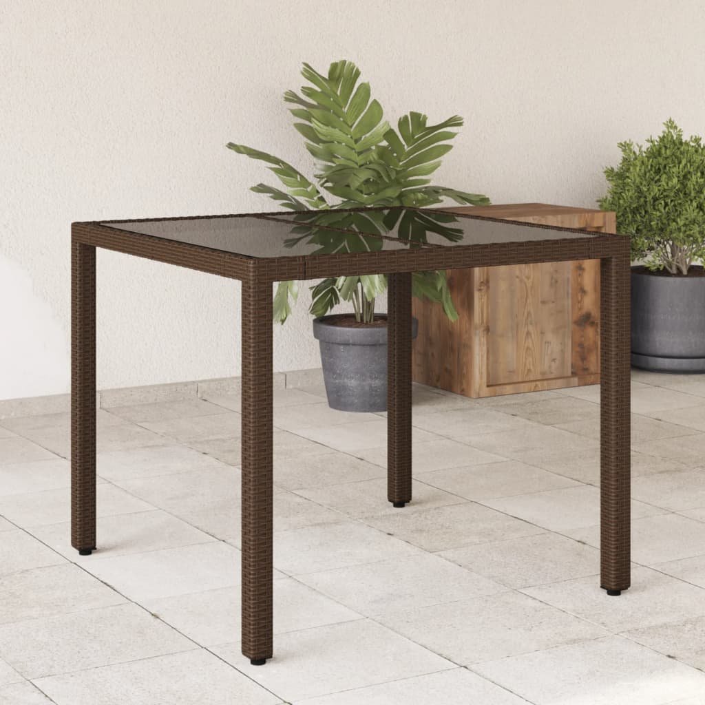 vidaXL Stół ogrodowy ze szklanym blatem, brąz, 90x90x75 cm, polirattan