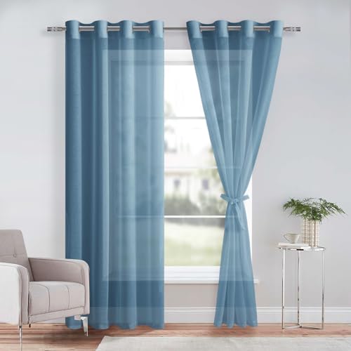 DWCN Sheer Przezroczysta zasłona z woalu, na przelotkach, do salonu, pokoju dziecięcego, sypialni, ciemnoniebieska, 225 x 140 cm (wys. x szer.), 2 sztuki