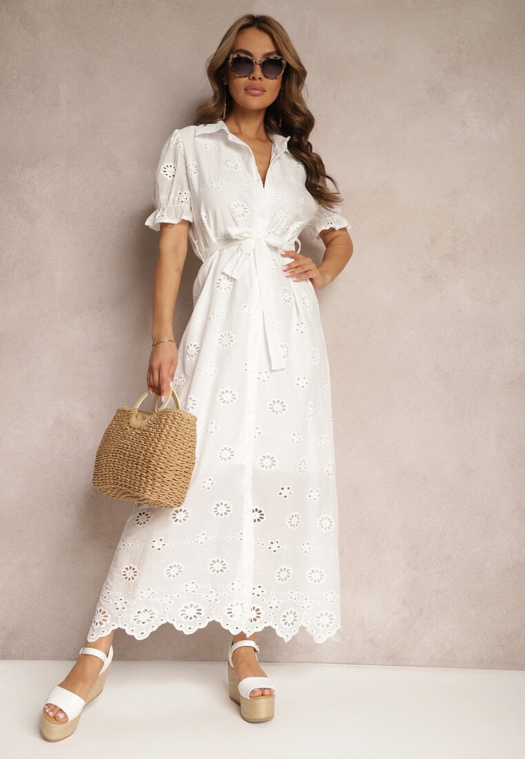 Biała Ażurowa Sukienka o Koszulowym Kroju z Haftem i Bufiastymi Rękawami Vianda