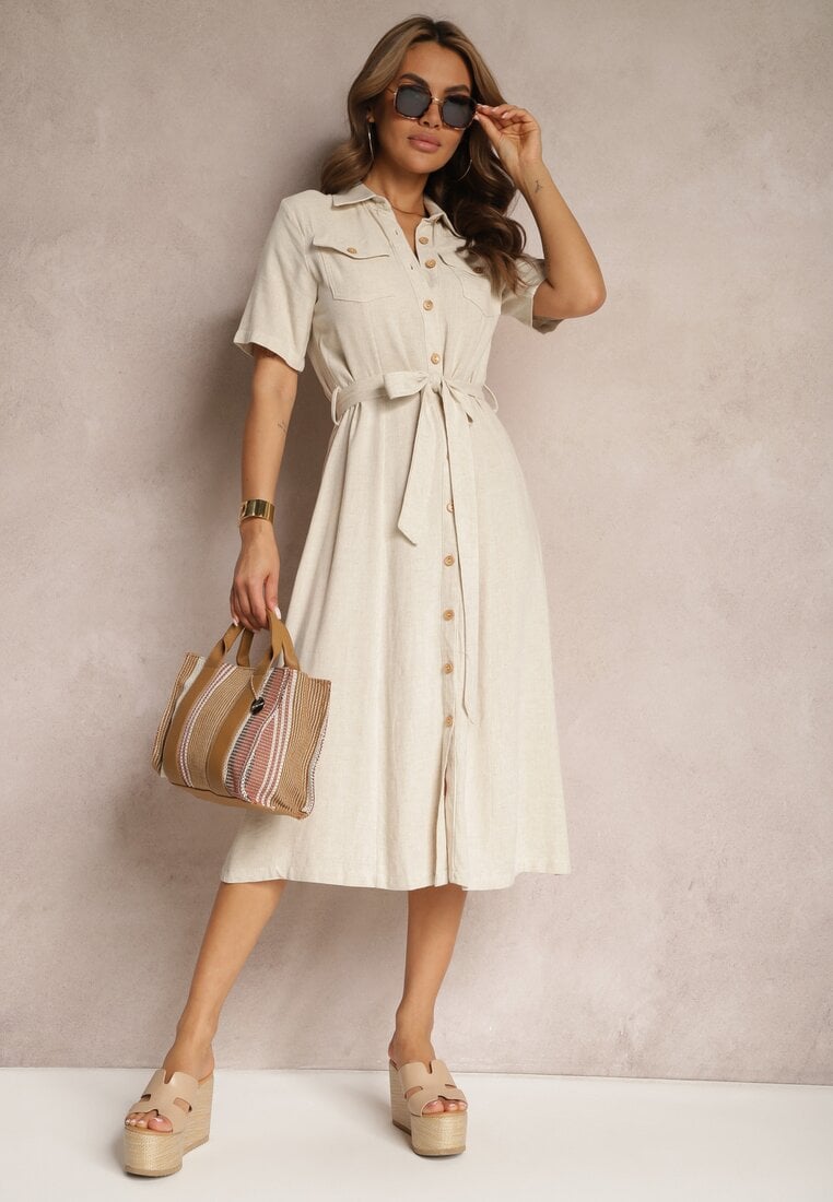 Ciemnobeżowa Wiskozowa Sukienka z Guzikami i Krótkim Rękawem Ozdobiona Materiałowym Paskiem Gracilla
