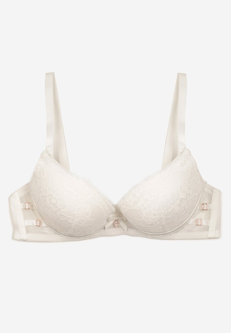 Jasnobeżowy Biustonosz z Regulowanymi Ramiączkami Zapinane na Haftki Ozdobiony Koronką Zloella