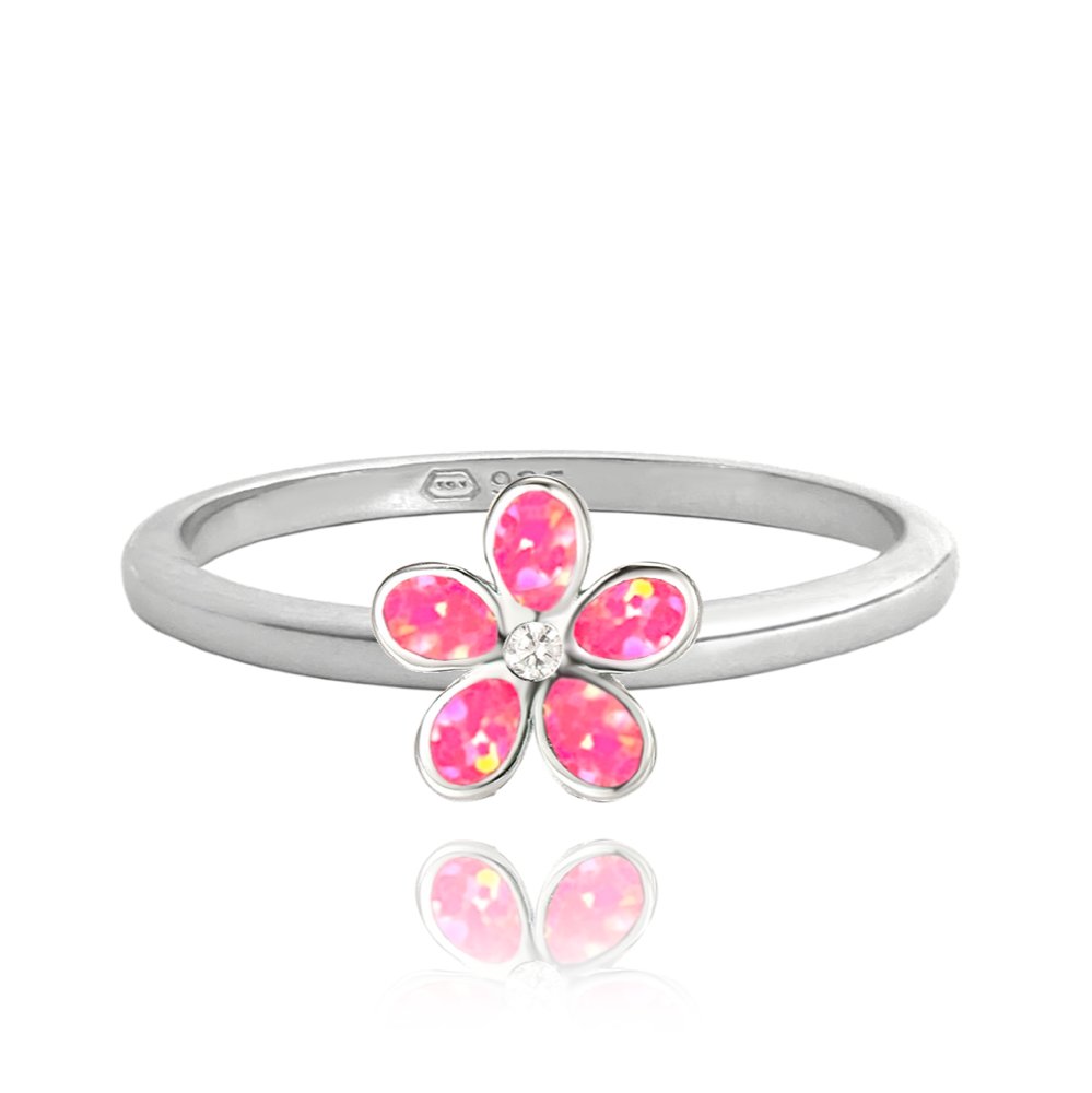 MINET Pierścien srebrny KWIATY z różowymi opalami wielkość 8