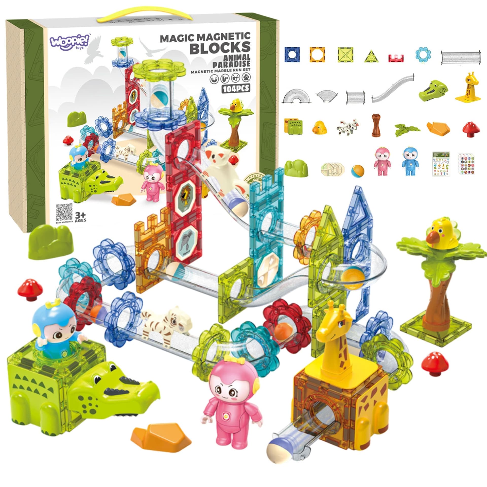 WOOPIE Klocki Magnetyczne Tor Kulkowy Zwierzęcy Raj 104 el.
