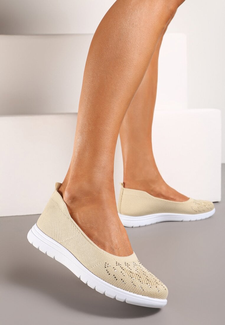 Beżowe Płaskie Tenisówki Zdobione Cyrkoniami Lomadia