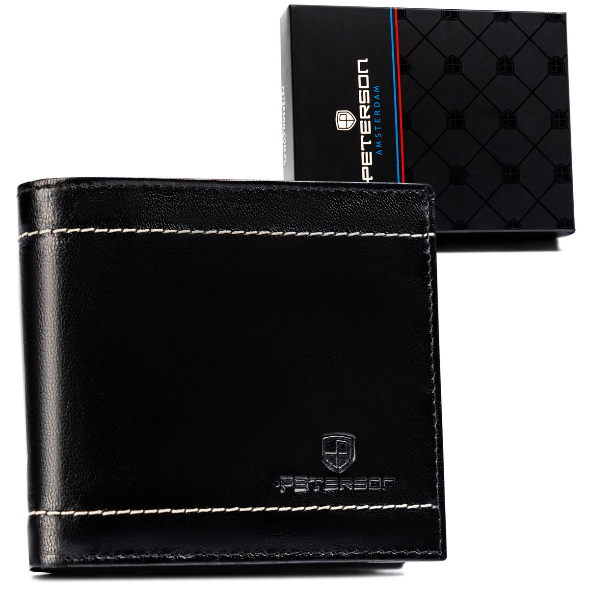 Elegancki portfel męski na karty ze skóry naturalnej z przeszyciami Peterson, czarny