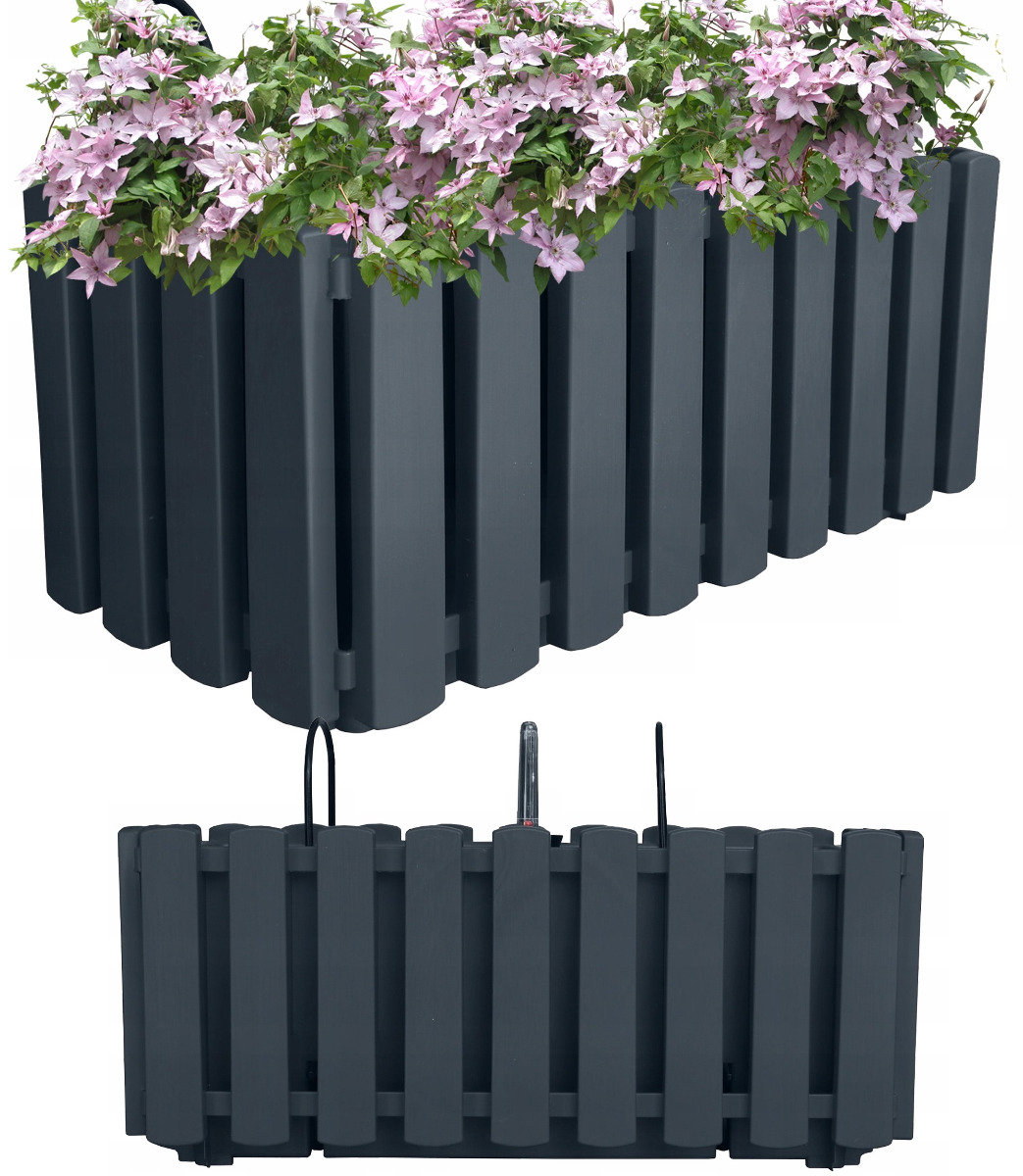 SKRZYNKA BALKONOWA DONICZKA 38CM Z UCHWYTAMI ANTRACYT MIERNIK WILGOCI