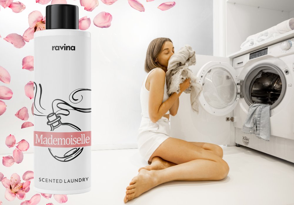 PERFUMY DO PRANIA MADEMOISELLE PERFUMY DO TKANIN UBRAŃ RAVINA DO PRALKI SUSZARKI ZAPACH PŁYN 200 ml = 40 prań