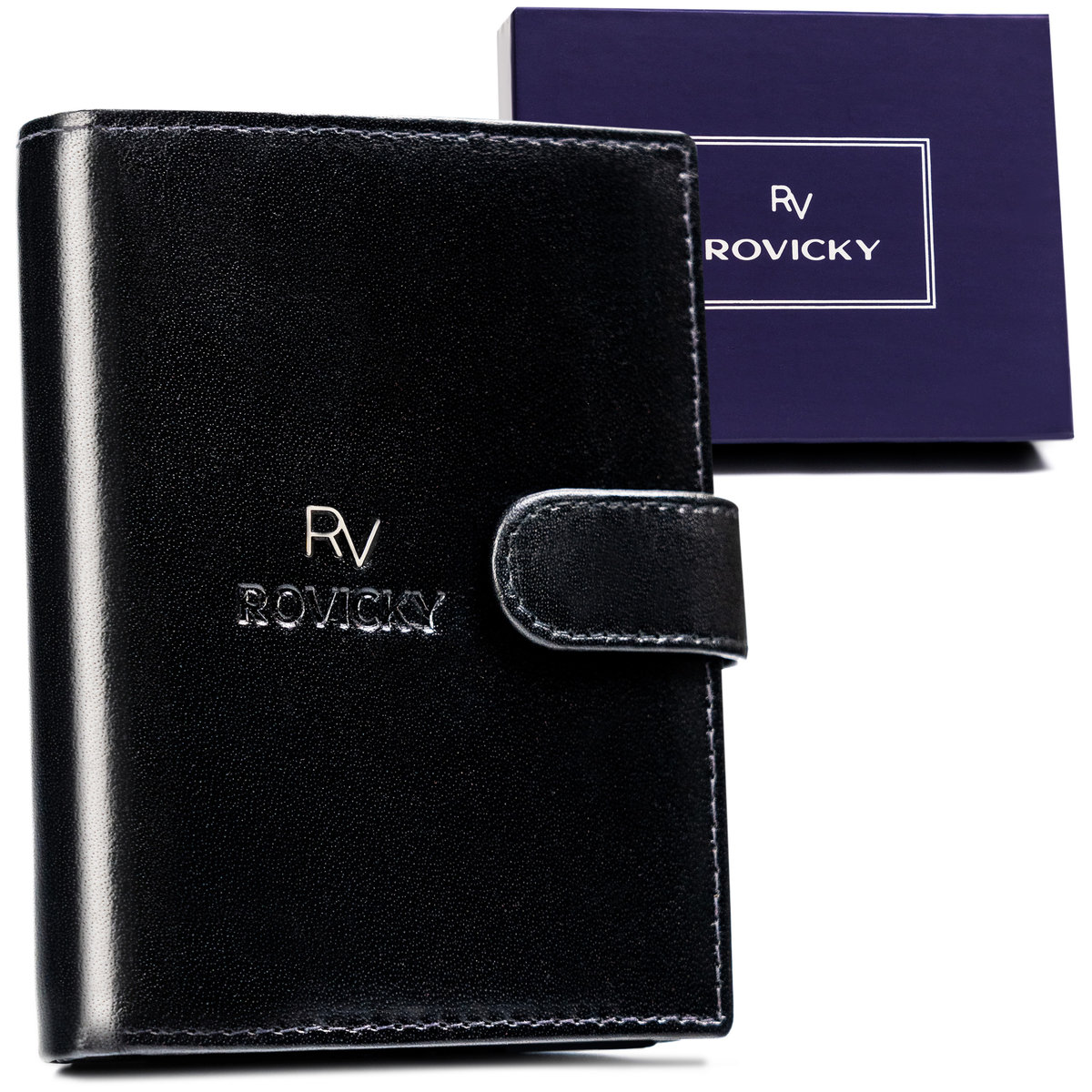 Elegancki portfel męski z zapięciem ze skóry naturalnej z ochroną kart RFID Rovicky, czarny