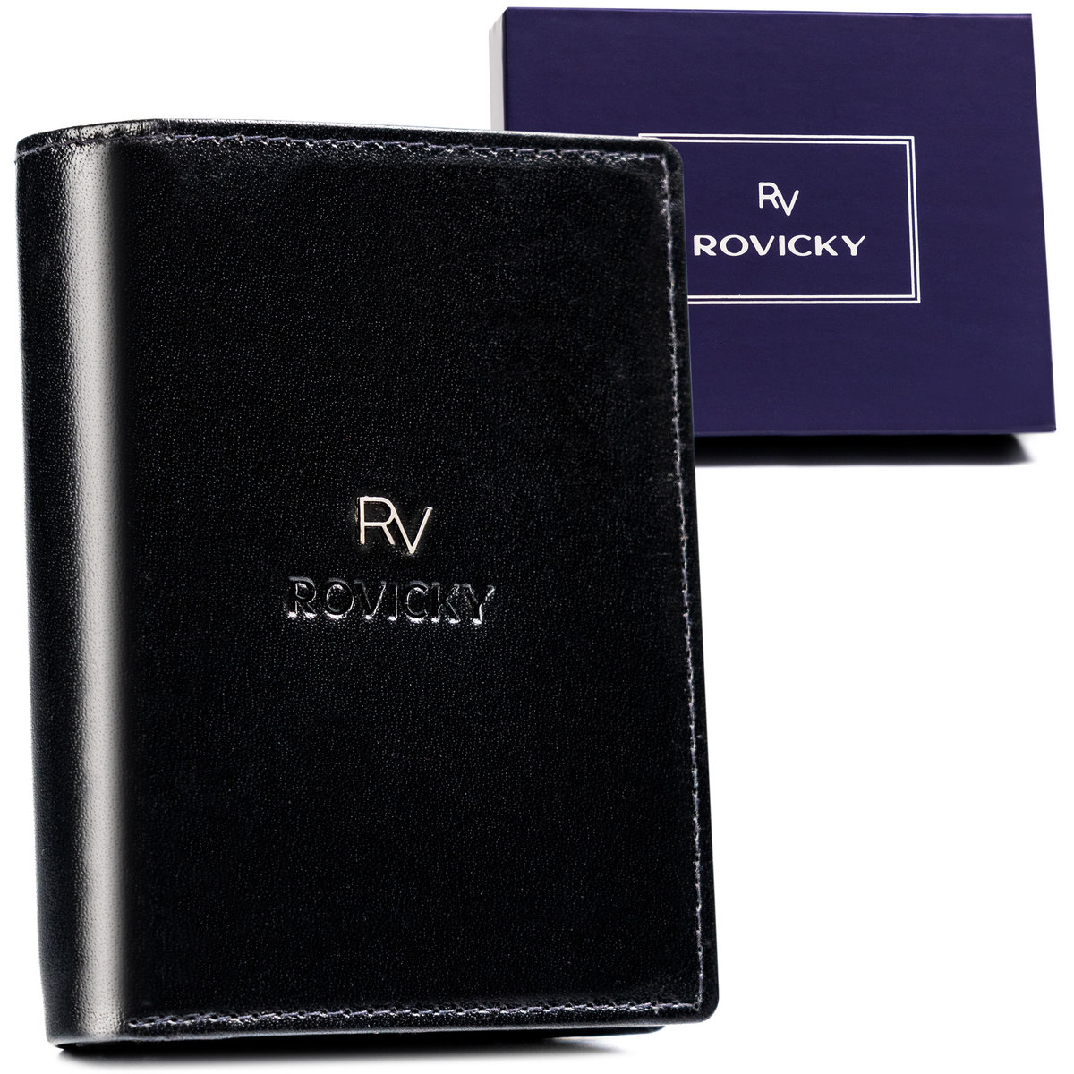 Elegancki portfel męski na karty z ochroną RFID ze skóry naturalnej bez zapięcia Rovicky, czarny