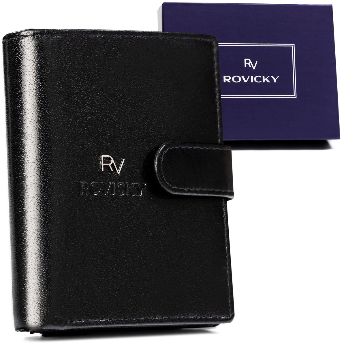 Zapinany klasyczny portfel męski ze skóry naturalnej z ochroną kart RFID Rovicky, czarny