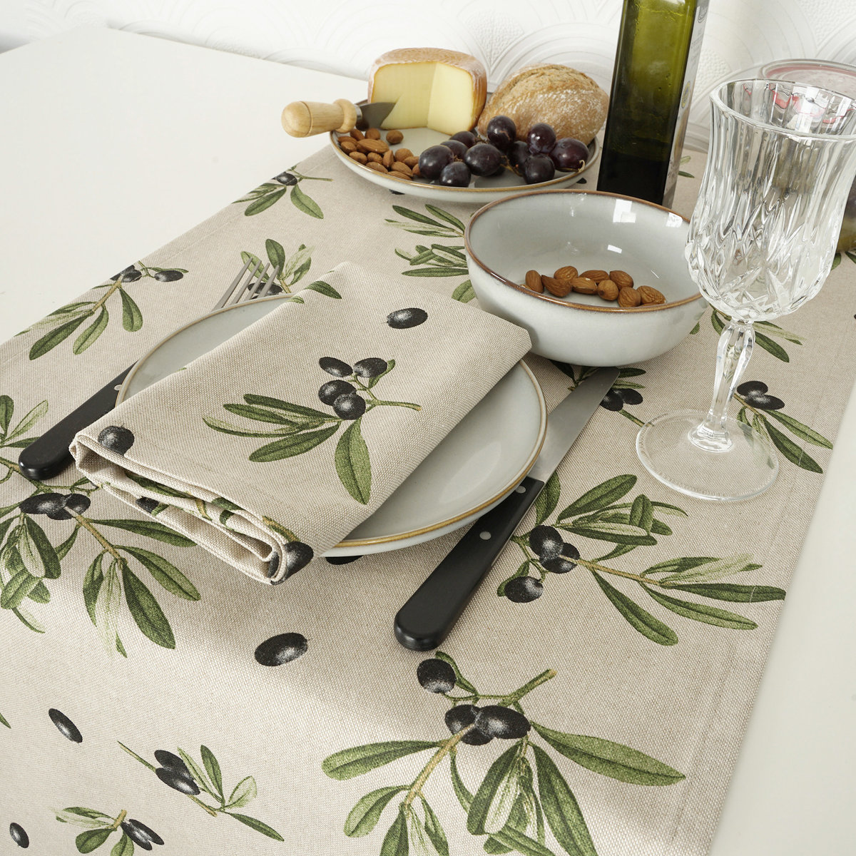 Bieżnik bawełniany 140cm OLIWKI CZARNE lniany look śródziemnomorski PolDesign