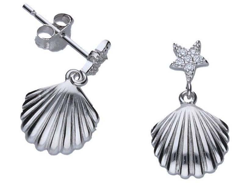 Srebrne Kolczyki 925 Gwiazdka Z Cyrkoniami I Muszelka Na Sztyft
