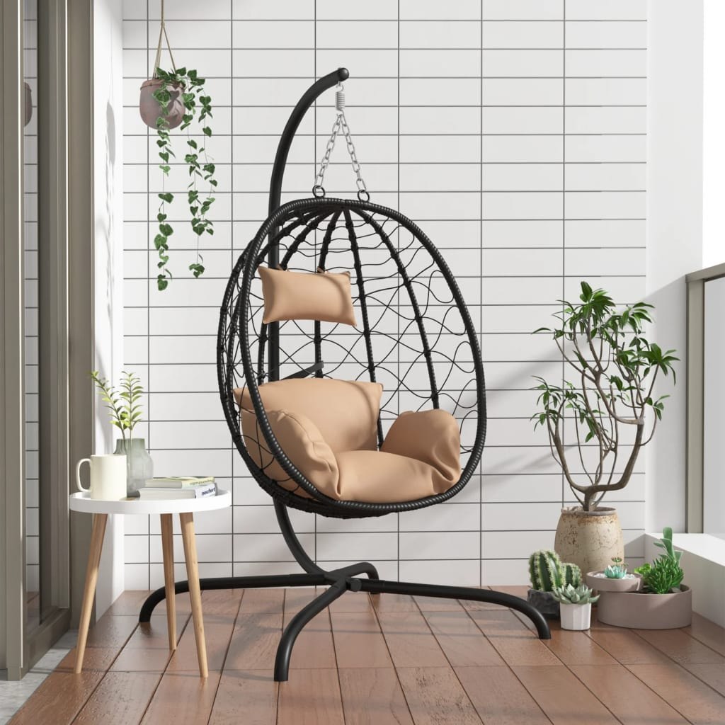 Wiszące krzesło kokon z poduszką, kolor taupe, rattan PE i stal Lumarko!