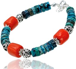 Piękna Bransoletka Naturalny Koral Turkus Srebro