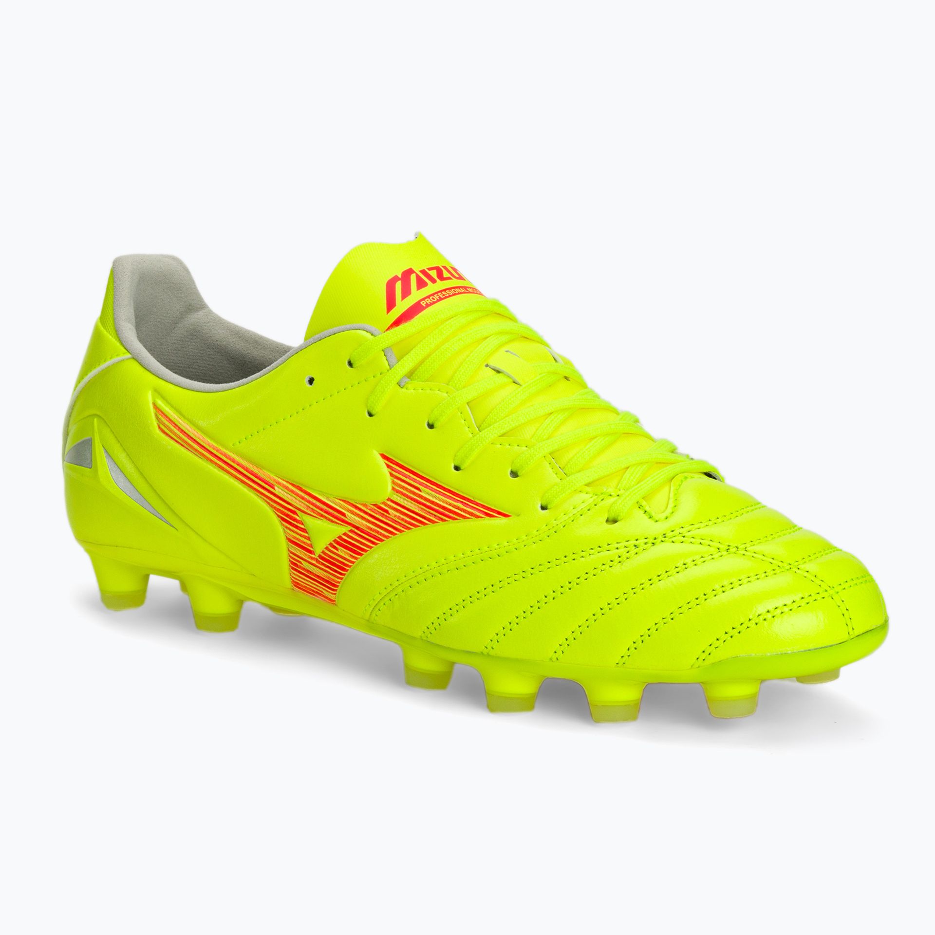 Buty piłkarskie męskie Mizuno Morelia Neo IV Pro MD safety yellow/fiery coral 2/galaxy silver