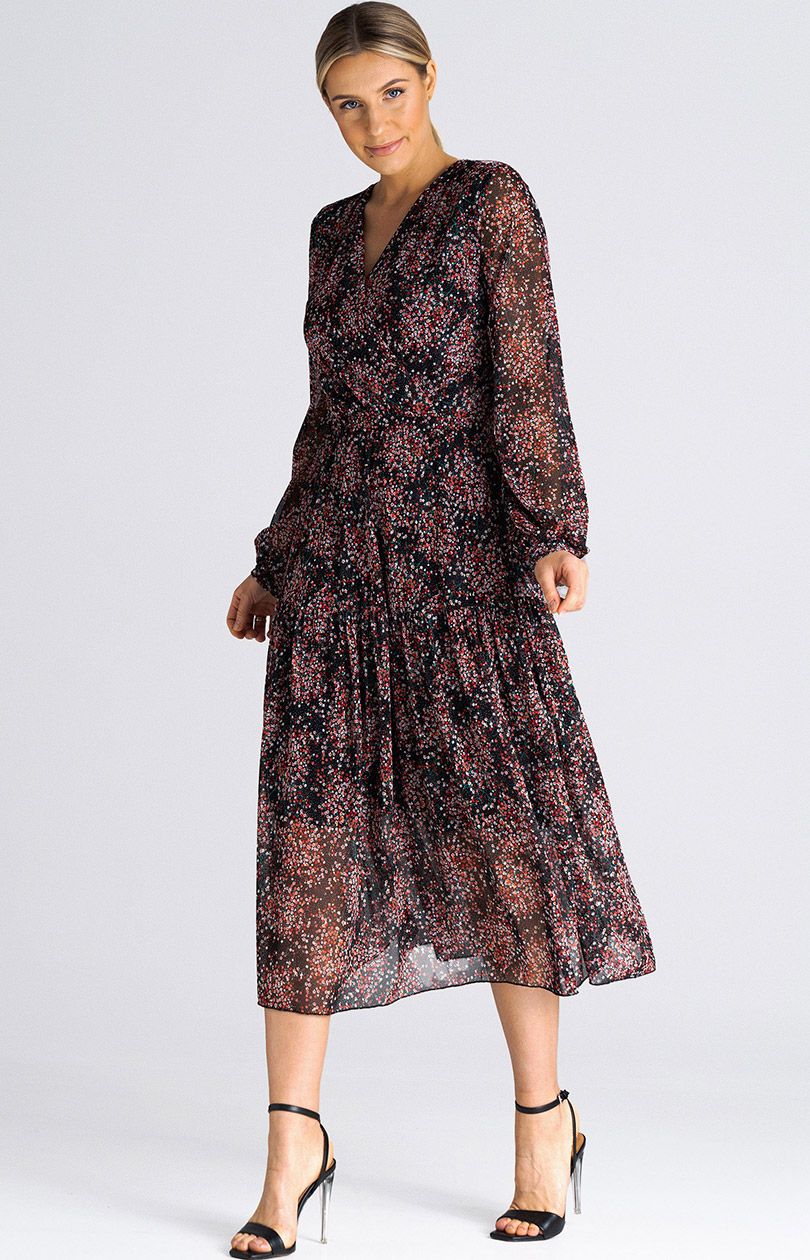 Sukienka midi w kwiaty M941/148, Kolor czarno-czerwony, Rozmiar L/XL, Figl - Primodo.com
