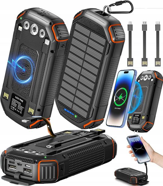 Powerbank Ładowarka Solarny 36000mah 5xusb Latarka Karabińczyk Qi Acelufly
