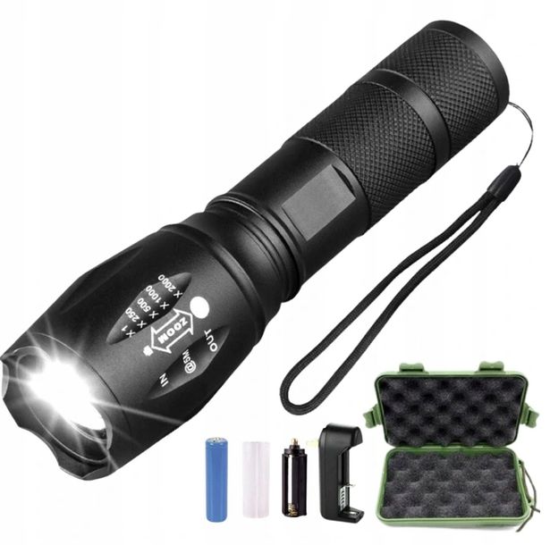 Latarka Led Mocna Akumulatorowa Taktyczna Zoom Biwakowa Usb-c Wodoodporna