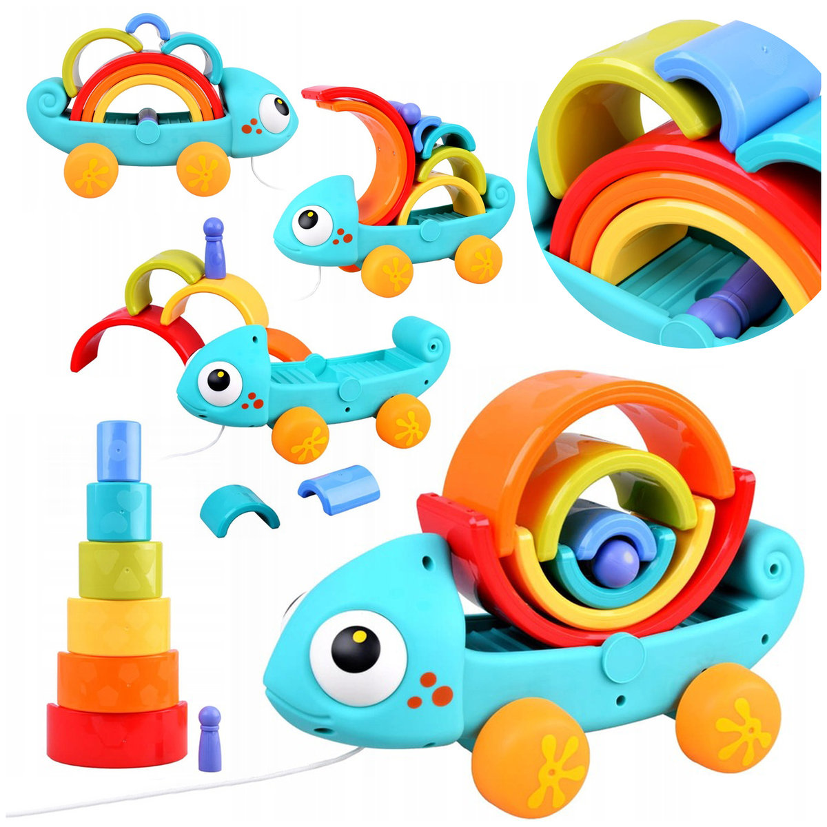 HOLA Tęczowy kameleon ciągacz piramida sorter układanka montessori klocki