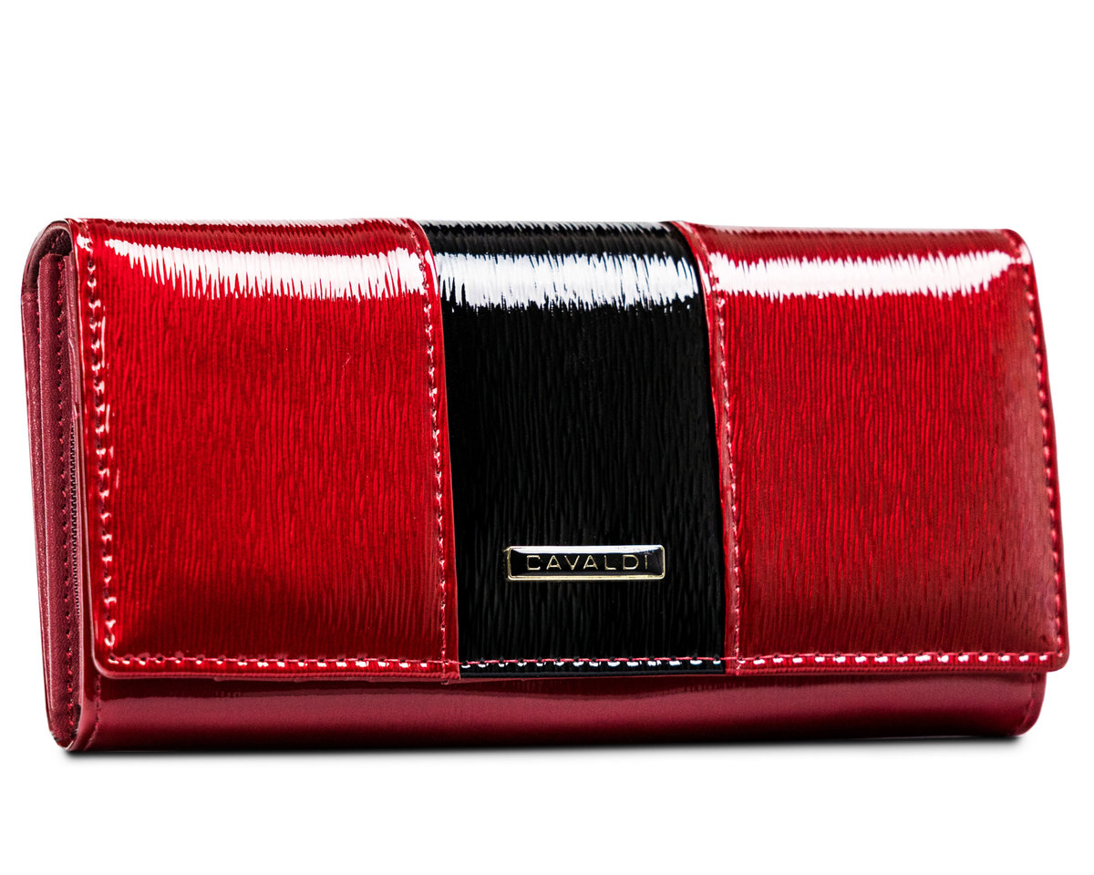 Duży klasyczny portfel damski z lakierowanej skóry naturalnej portfel na karty Cavaldi, czerwono-czarny