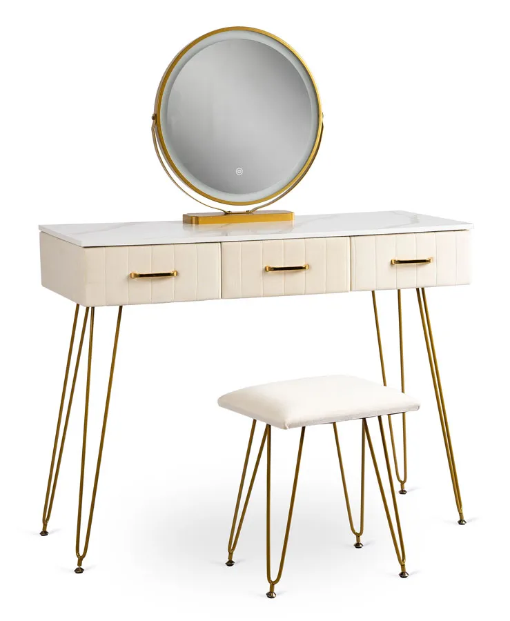 Kremowa tapicerowana toaletka glamour z 3 szufladami - Merina