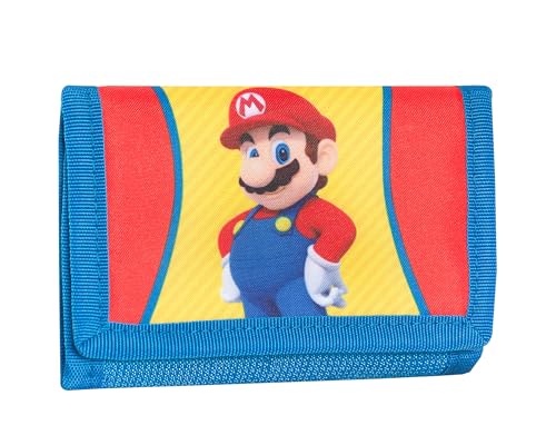 SUPER MARIO oficjalny portfel Super Mario, z praktycznym zapięciem na rzep, kieszenią zewnętrzną i przegródkami wewnętrznymi, pomysł na prezent dla dzieci i nastolatków, niebiesko-czerwono-żółty,