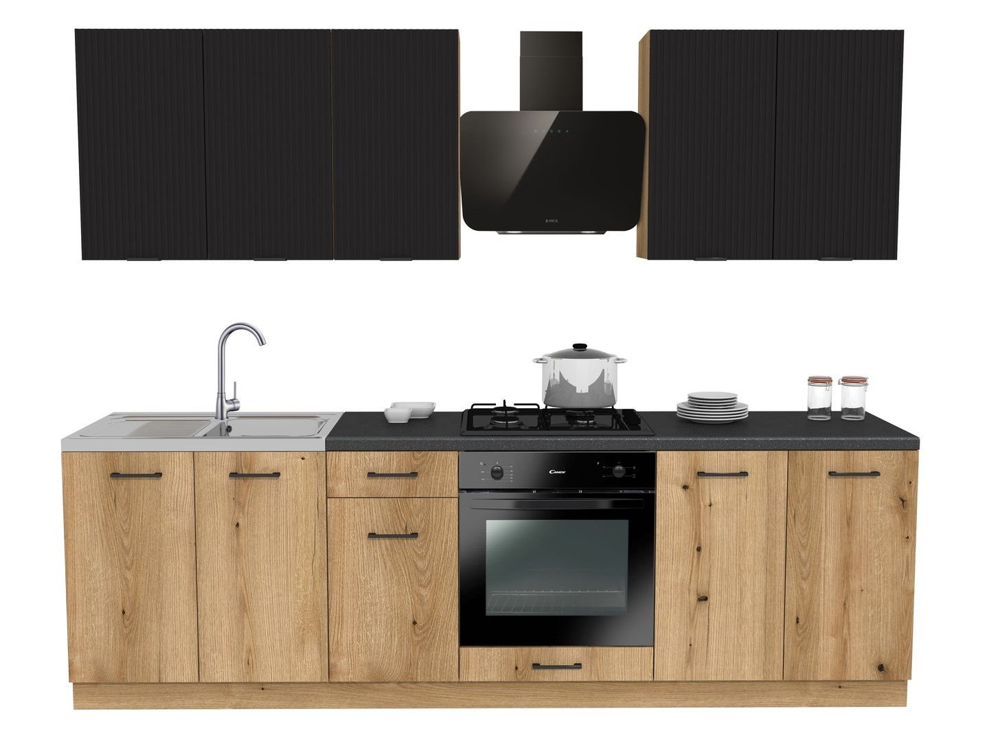 Zestaw Mebli Kuchennych Presto 260 Cm Płyta Laminowana Dąb Evoke/Lamela Czarny