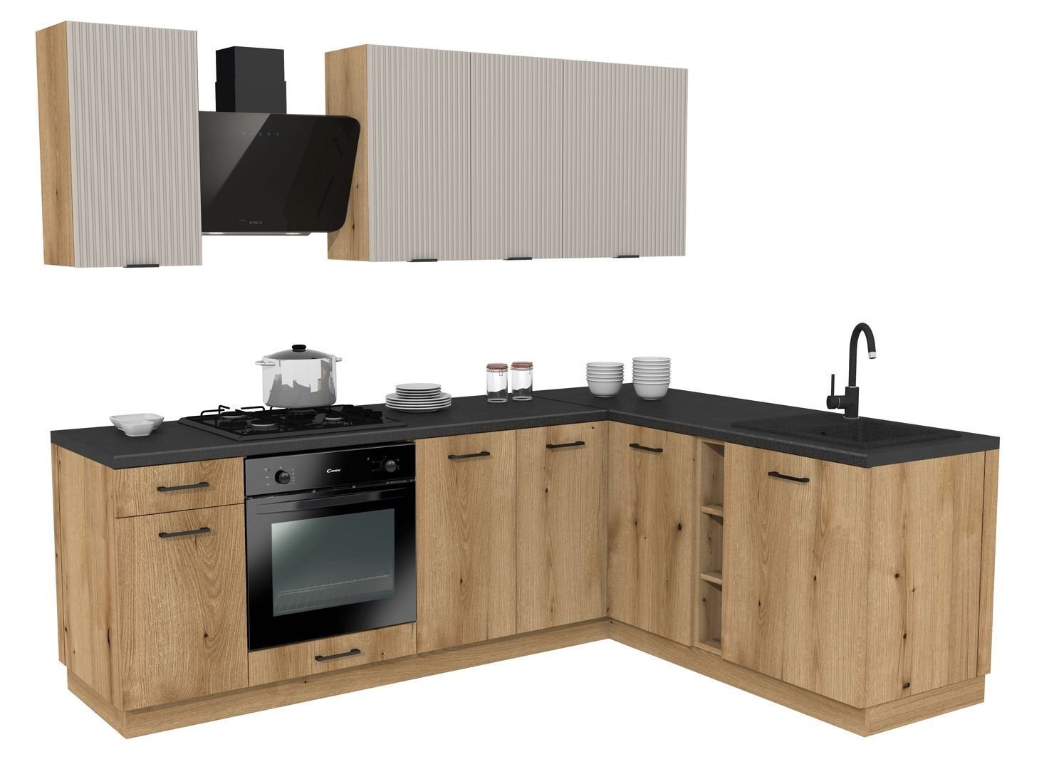 Zestaw Mebli Kuchennych Presto 240X180 Cm Płyta Laminowana Dąb Evoke/Lamela Kaszmir