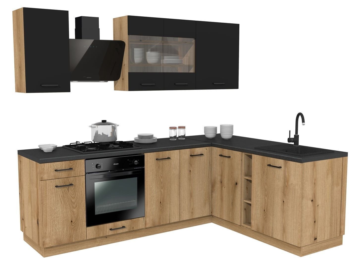 Zestaw Mebli Kuchennych Presto 240X180 Cm Płyta Laminowana Dąb Evoke/Czarny
