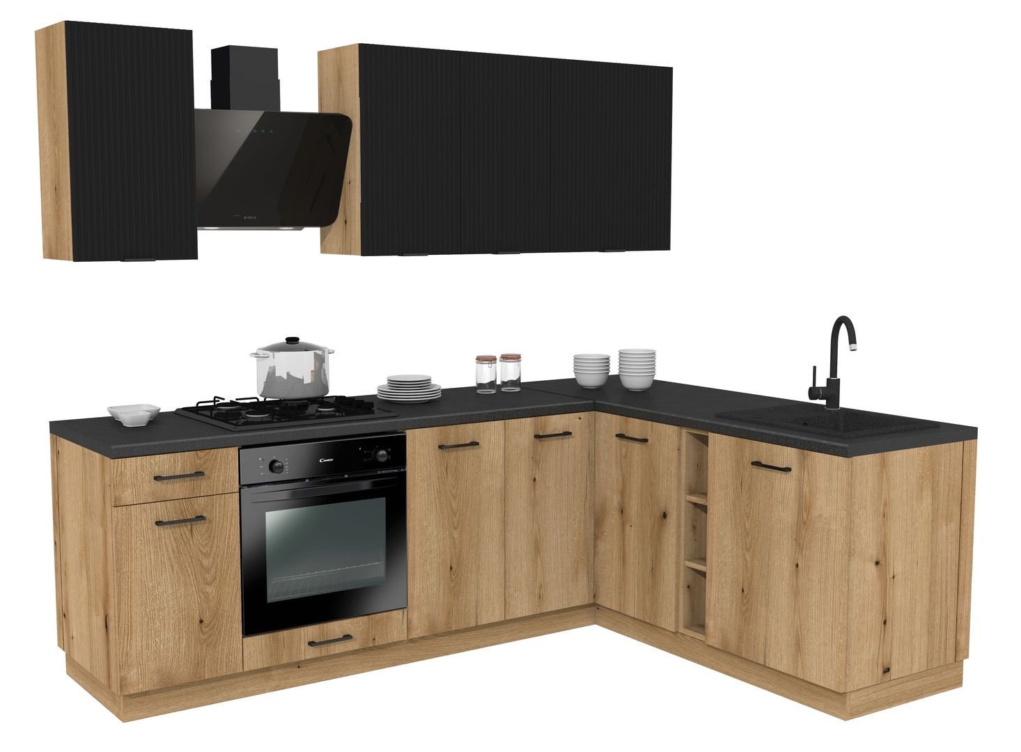 Zestaw Mebli Kuchennych Presto 240X180 Cm Płyta Laminowana Czarny/Dąb Evoke