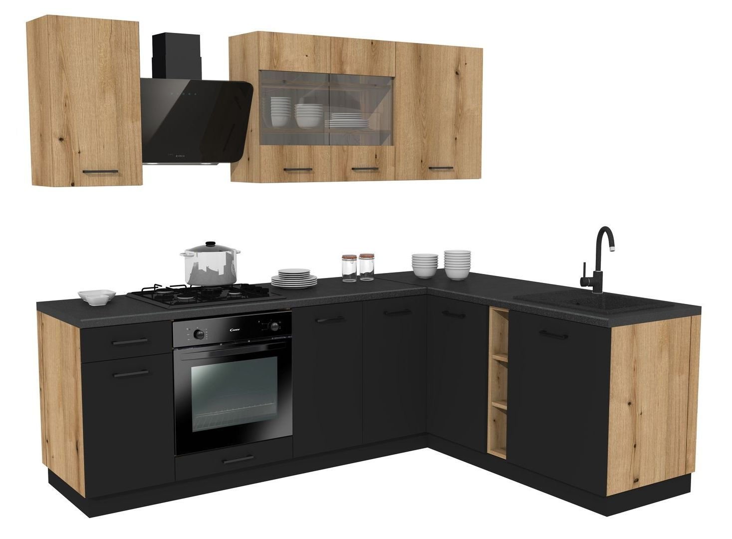 Zestaw Mebli Kuchennych Presto 240X180 Cm Płyta Laminowana Czarny/Dąb Evoke