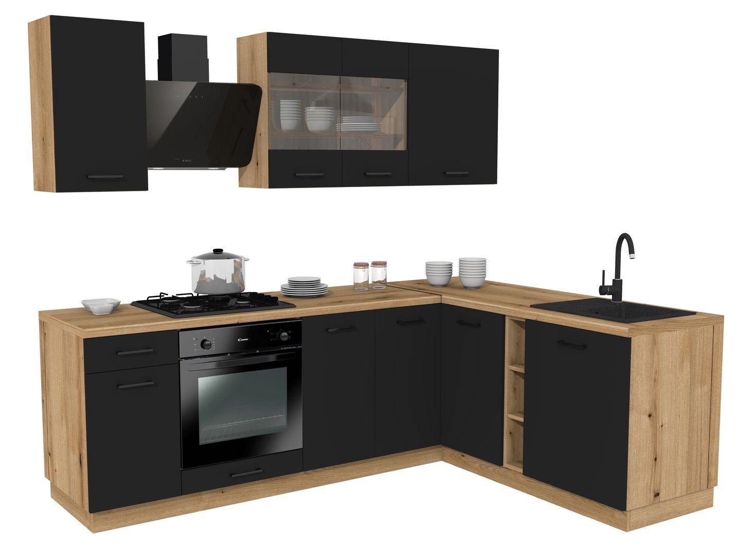Zestaw Mebli Kuchennych Presto 240X180 Cm Płyta Laminowana Czarny/Czarny