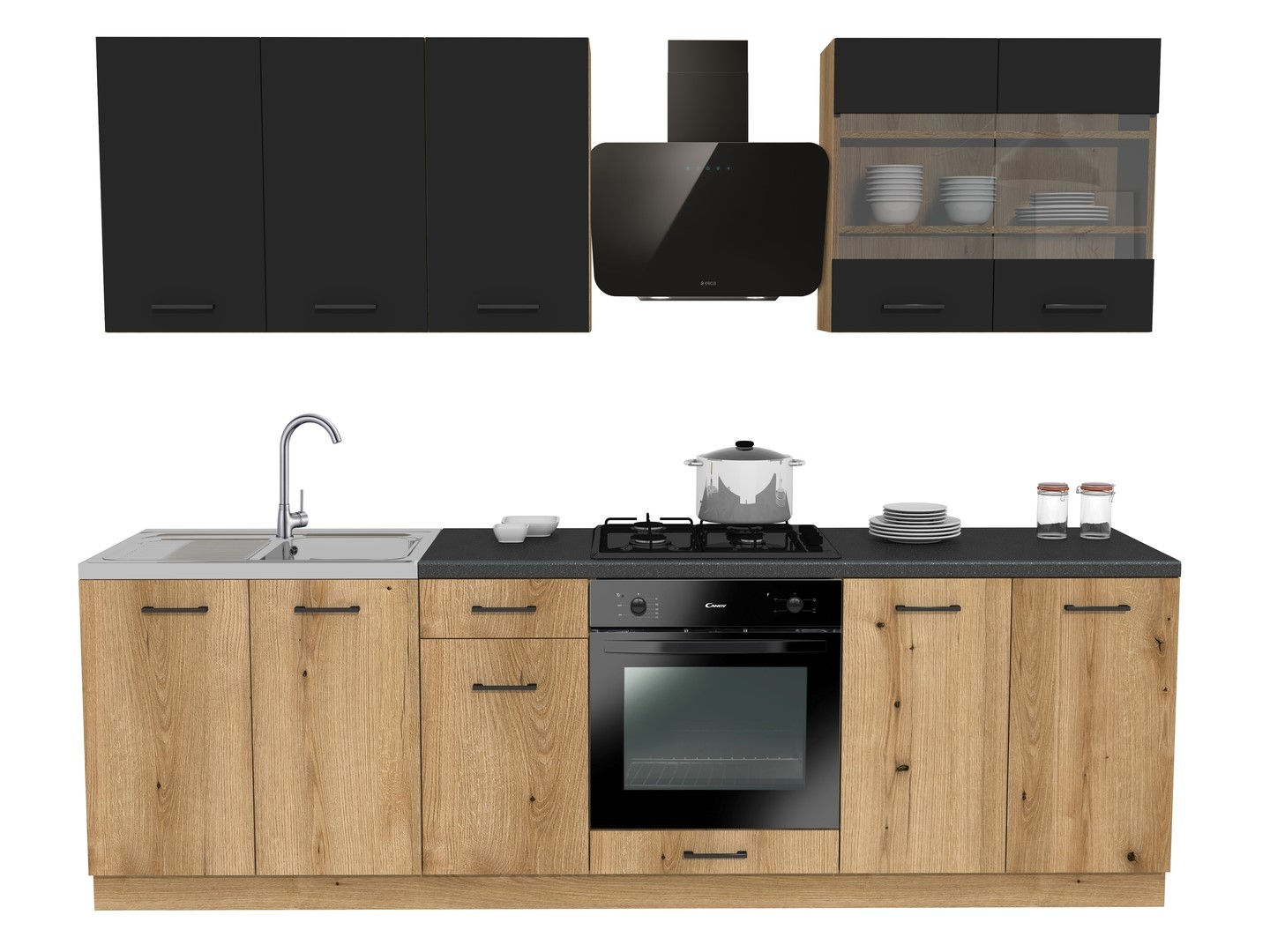 Zestaw Mebli Kuchennych Presto 260 Cm Płyta Laminowana Dąb Evoke/Czarny