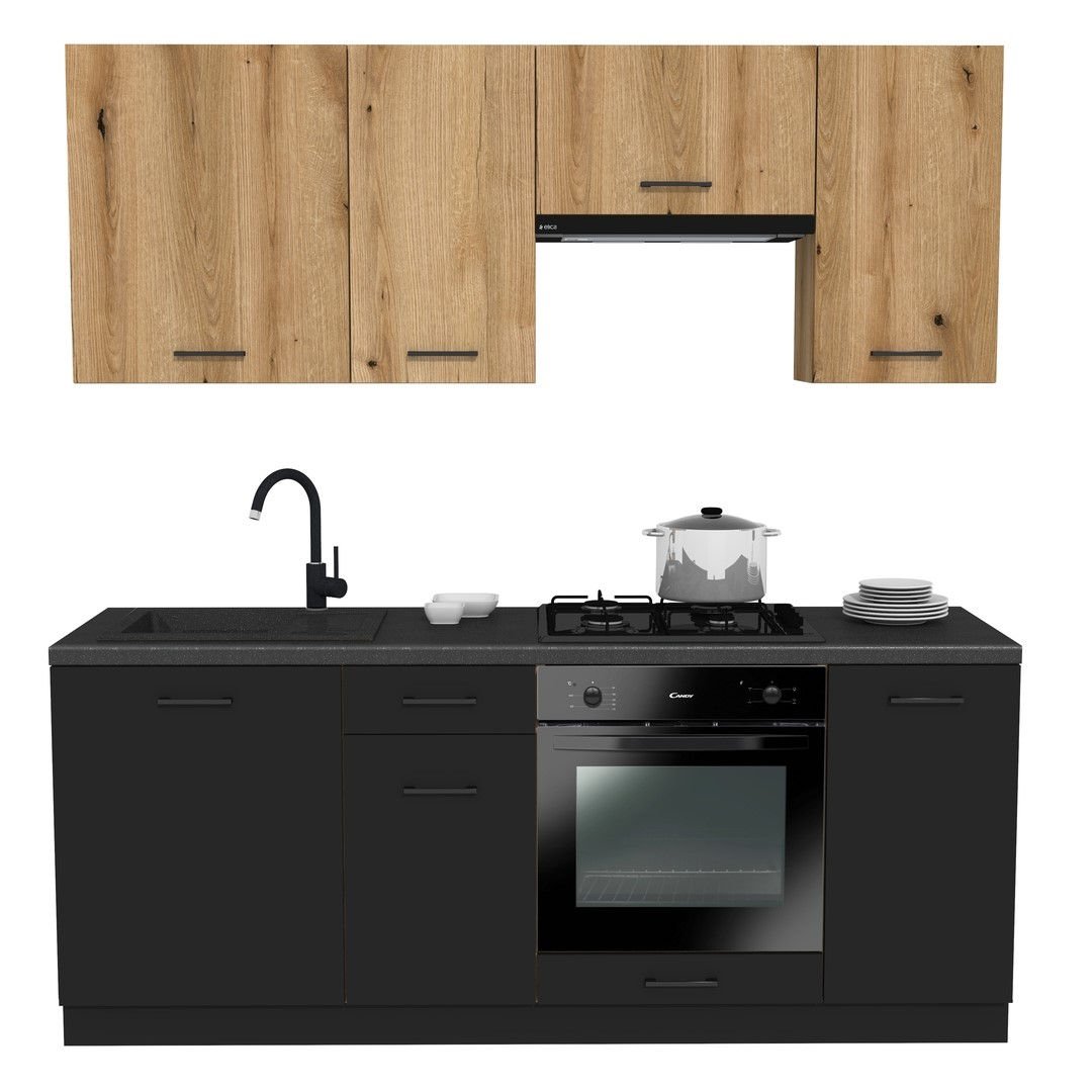 Zestaw Mebli Kuchennych Presto 200 Cm Płyta Laminowana Czarny/Dąb Evoke