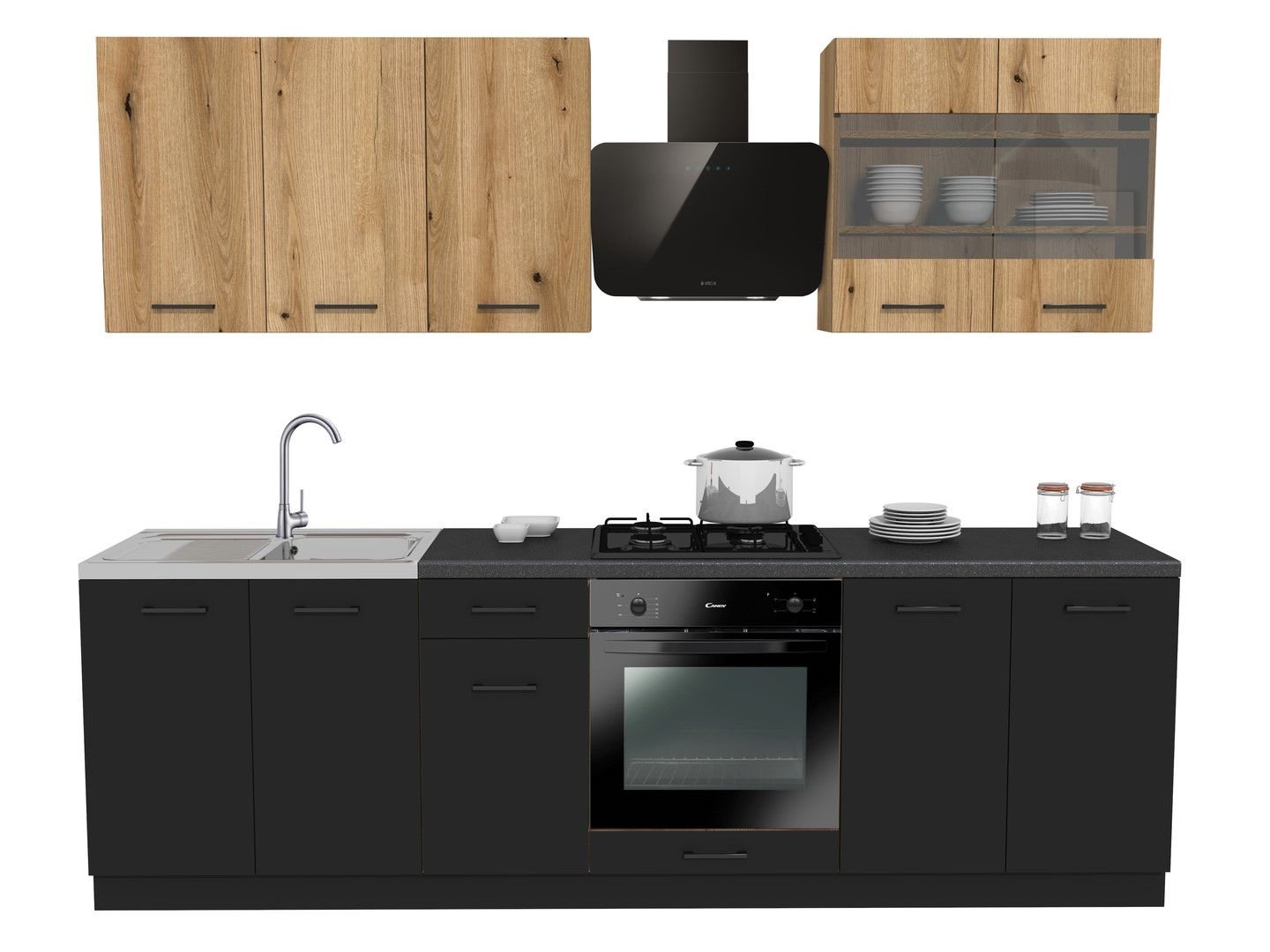 Zestaw Mebli Kuchennych Presto 260 Cm Płyta Laminowana Czarny/Dąb Evoke